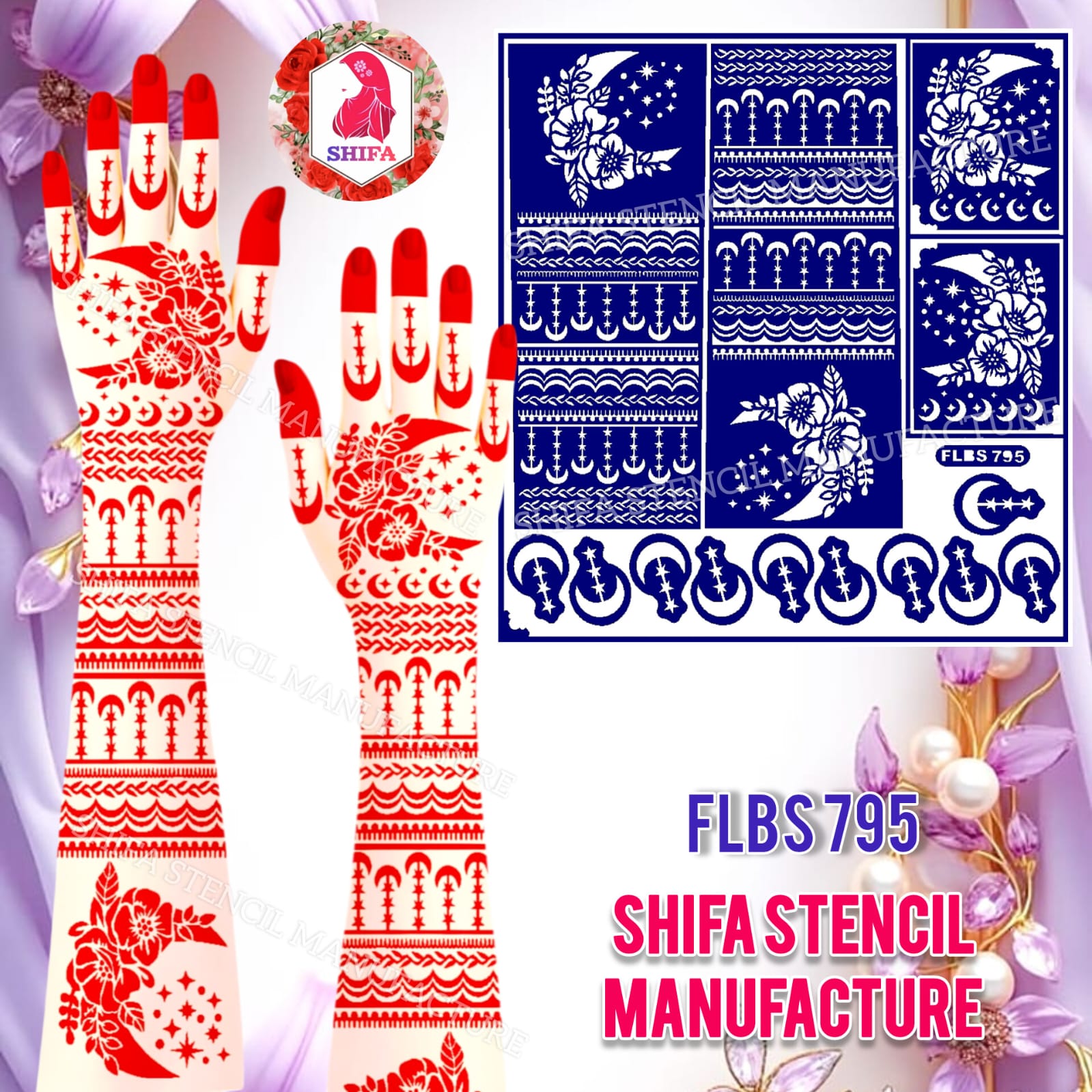 FLBS 795 Celestial Bloom Crescent Mehndi Sticker Overview Henna Stencil - Shifa Stencil